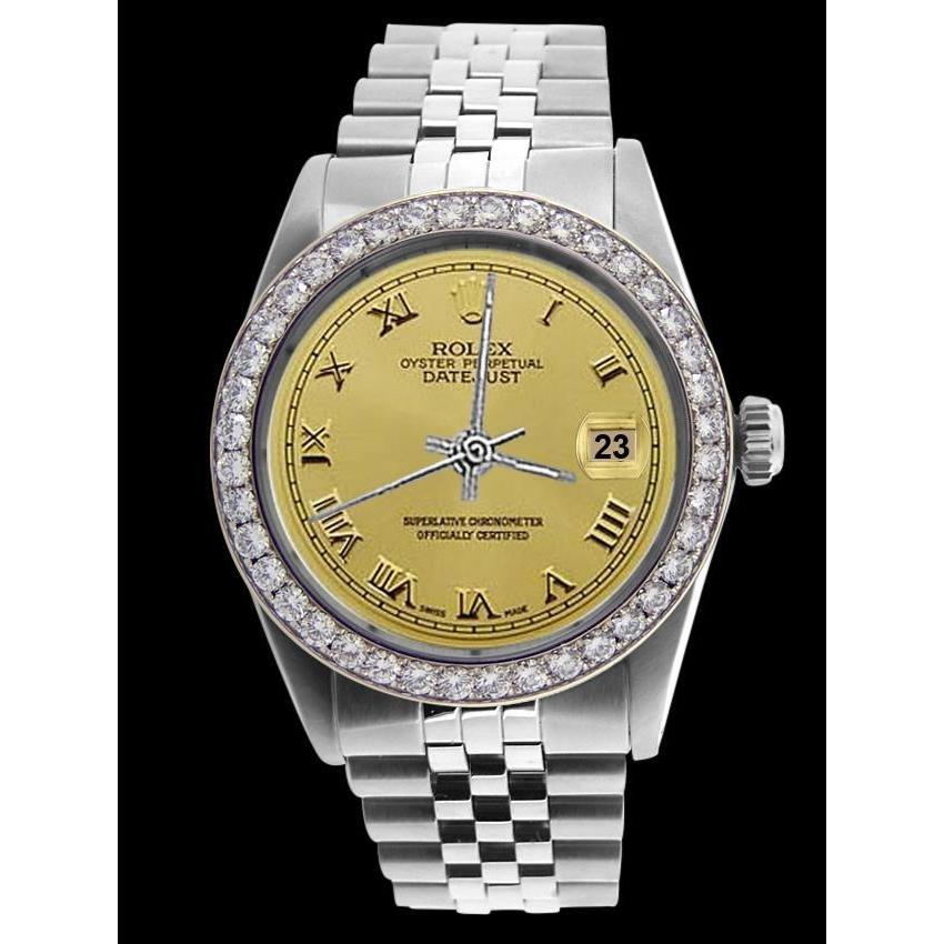 Diamantlünette Rolex Edelstahl Champagner Römisches Zifferblatt Datejust Herrenuhr SCHNELLES EINSTELLEN
