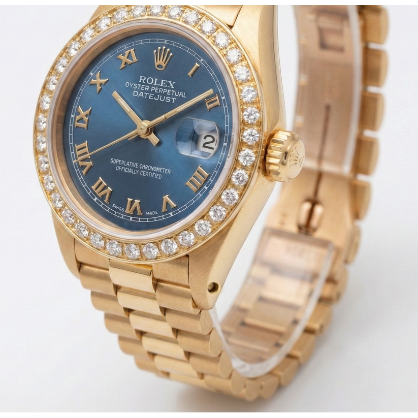 Diamantlünette, blaues römisches Zifferblatt, Rolex GelbgoldPräsidentenstil-Uhr Datejust