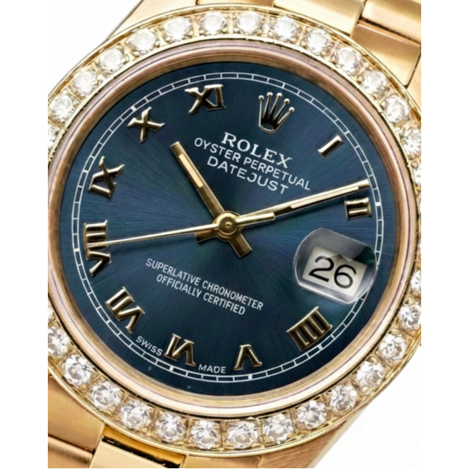 Diamantlünette, blaues römisches Zifferblatt, Rolex Gelbgold Präsidentenstil-Uhr Datejust