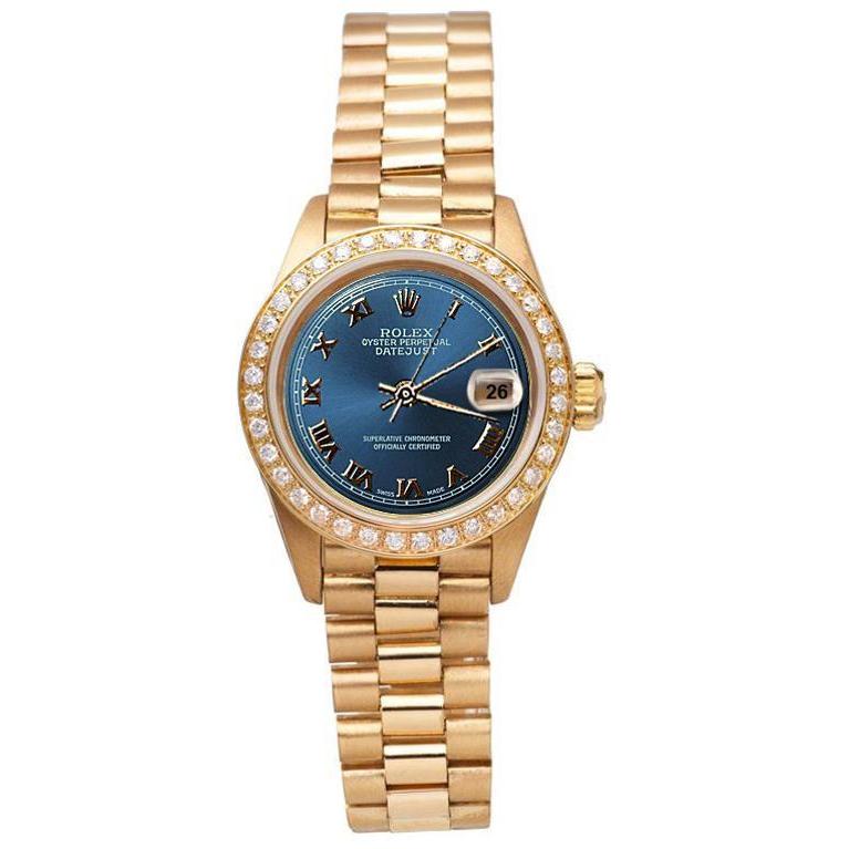 Diamantlünette, blaues römisches Zifferblatt, Rolex GelbgoldPräsidentenstil-Uhr Datejust
