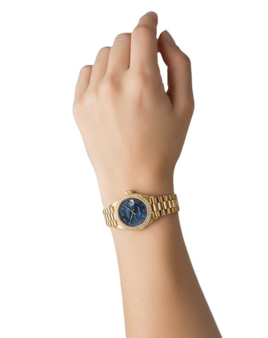 Diamantlünette, blaues römisches Zifferblatt, Rolex GelbgoldPräsidentenstil-Uhr Datejust P2