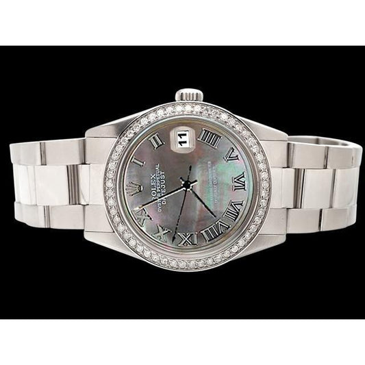 Diamantlünette, graues römisches Zifferblatt, Edelstahl Datejust-Uhr, Rolex SCHNELLES EINSTELLEN
