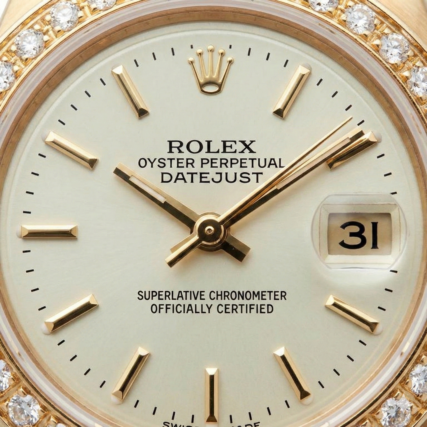Diamantlünette Rolex Datejust Präsidentenstil Uhr Weißes Stickzifferblatt Gelbgold