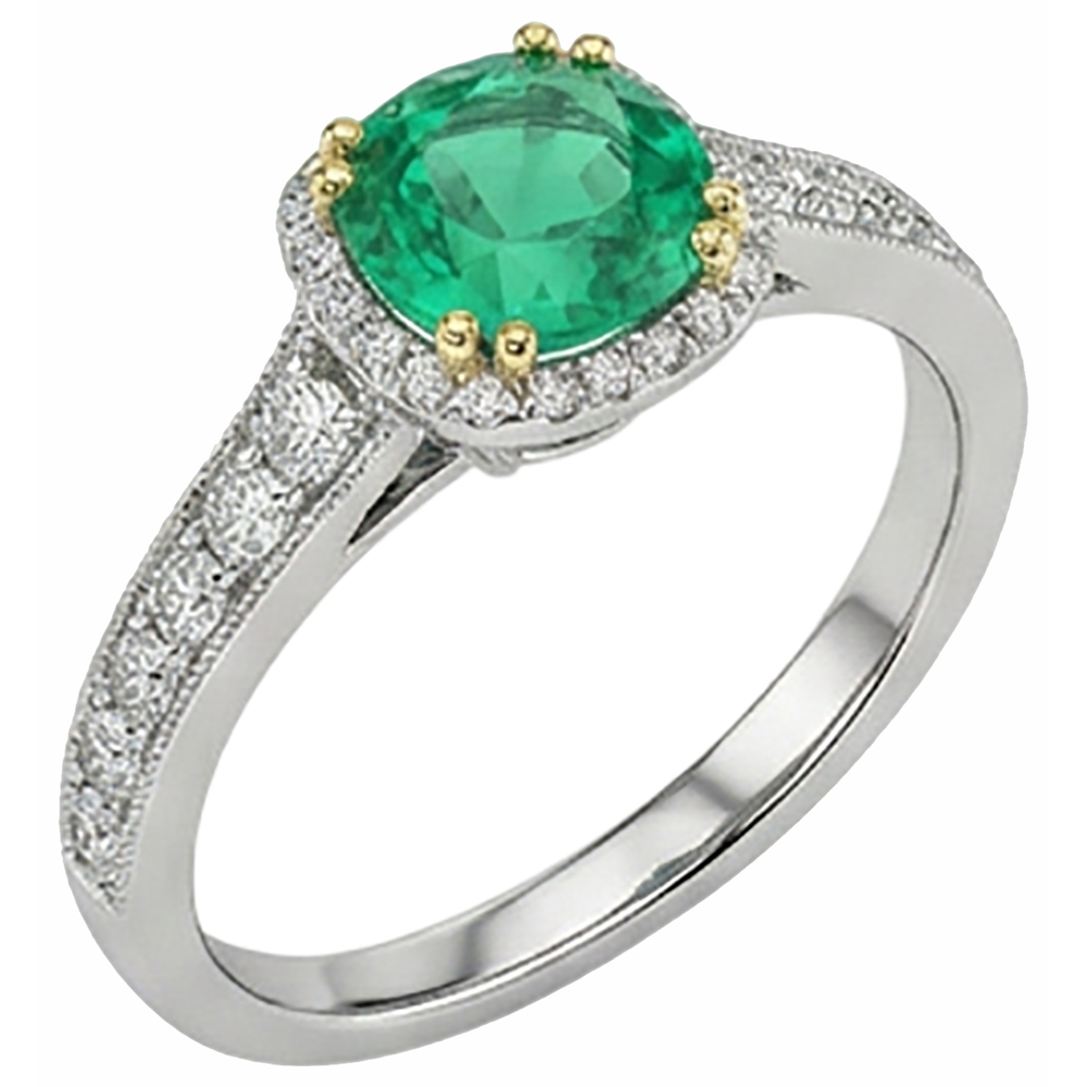 Rund-Brillant Smaragd Ring in 14 Karat Zweifarbig Gold – Schrägansicht