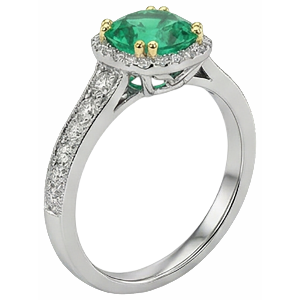 Smaragd Rund-Brillant Edelstein-Ring in 14 Karat Zweifarbig Gold – Profilansicht