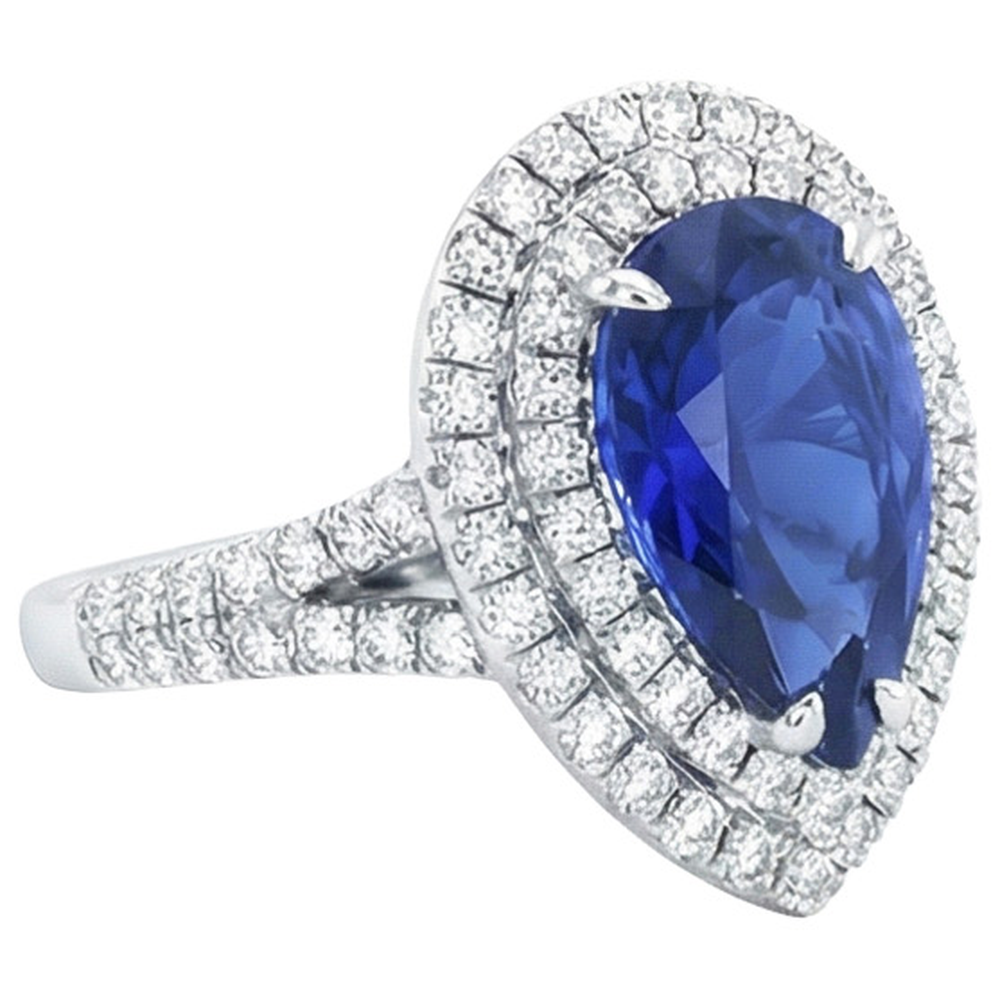 Doppel Halo Ring Birne Sri Lanka Saphir & Natürlicher Diamant ( nicht im Labor gezüchtet )en 6,50 Karat