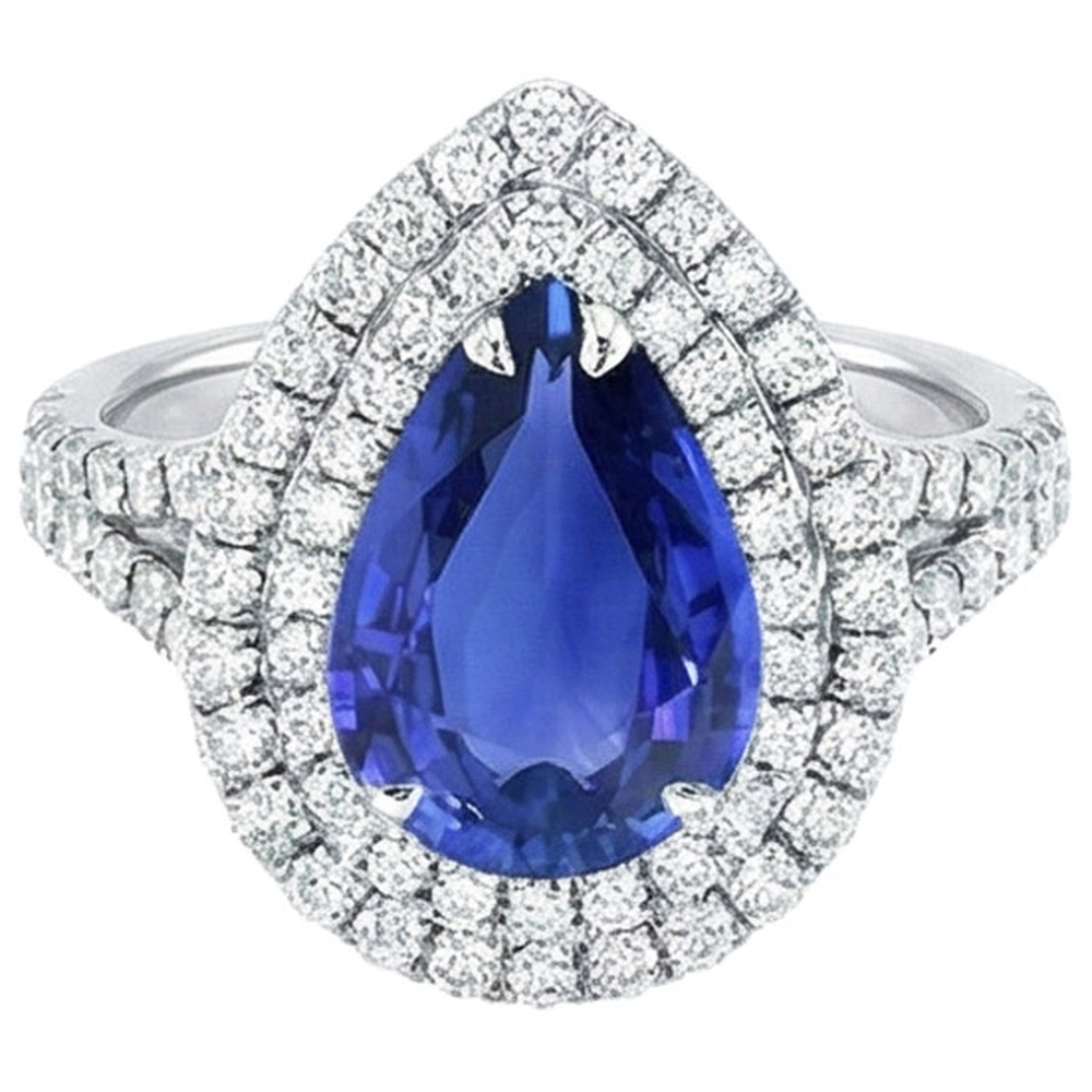 Doppel Halo Ring Birne Sri Lanka Saphir & Natürlicher Diamant ( nicht im Labor gezüchtet )en 6,50 Karat