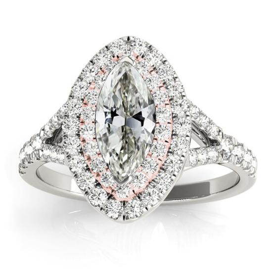 Doppel-Halo-Ring Marquise Old Cut Echt Diamant Split Shank 6 Karat