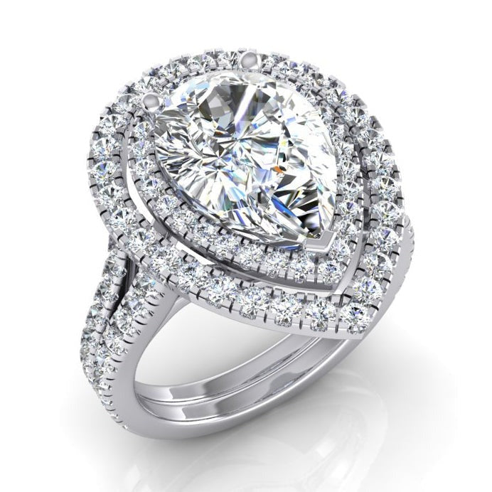 Doppelter Halo-Birnen Echt diamant Verlobungsring Set Gold 14K 6 Karat