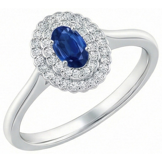 Doppelter Halo Blauer Saphir mit Aus der Erde Abgebauter Natürlicher Diamanten Ring 3.25 Karat