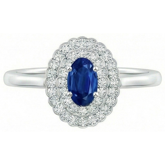 Doppelter Halo Blauer Saphir mit Aus der Erde Abgebauter Natürlicher Diamanten Ring 3.25 Karat