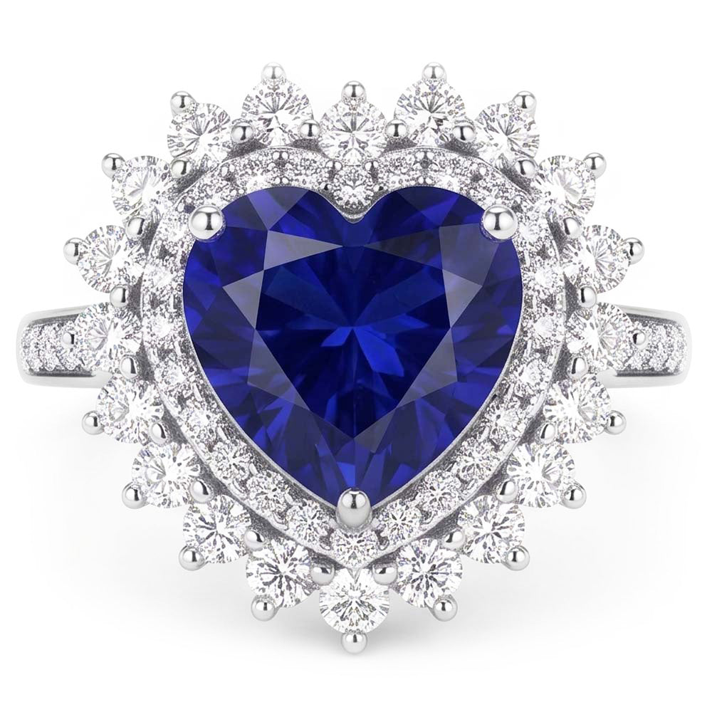 Doppelter Halo Herz Ceylon Saphir Ring Blumenstil 4 Karat