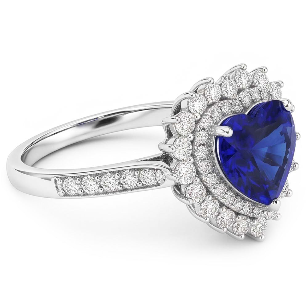 Doppelter Halo Herz Ceylon Saphir Ring Blumenstil 4 Karat