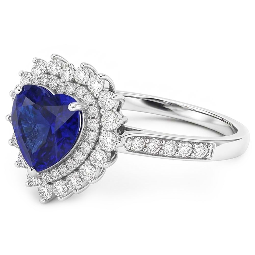Doppelter Halo Herz Ceylon Saphir Ring Blumenstil 4 Karat