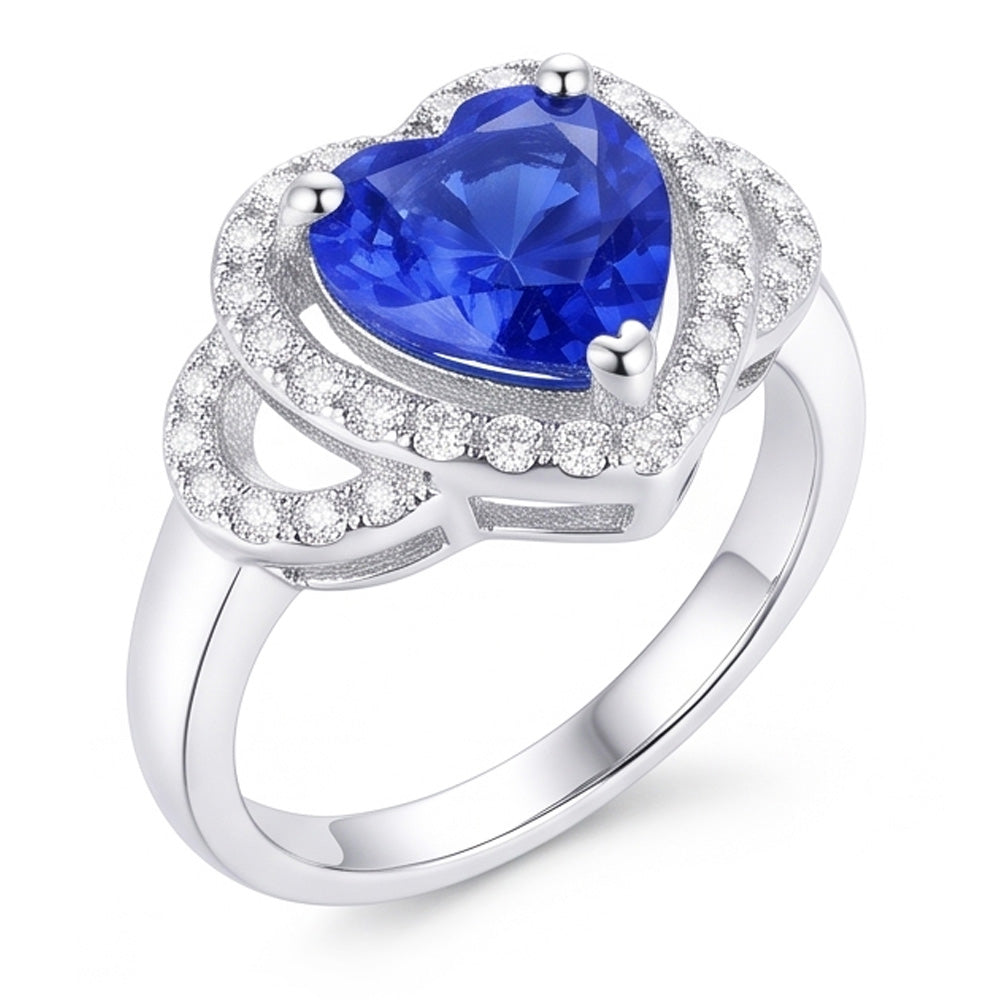 Doppelter Halo-Herz-Sri-lankischer Saphirring 3 Karat Weißgold 14K