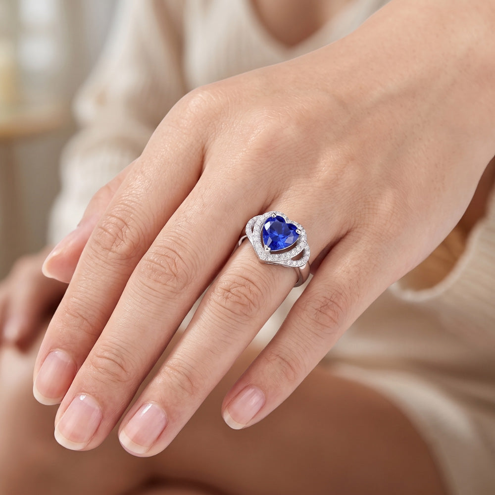 Doppelter Halo-Herz-Sri-lankischer Saphirring 3 Karat Weißgold 14K