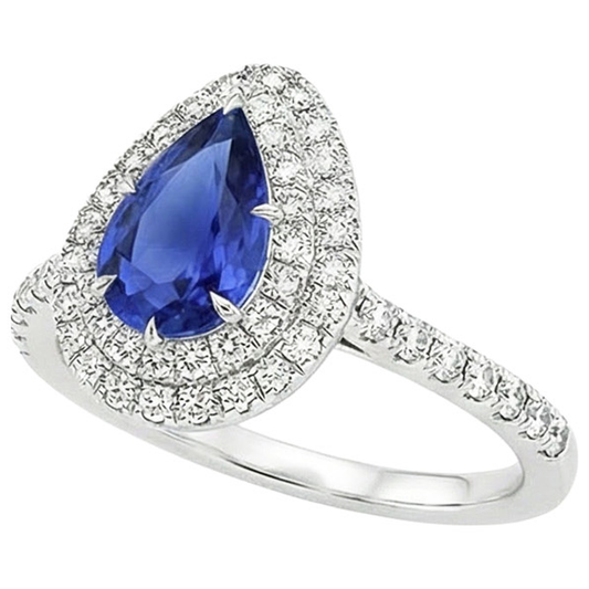 Doppelter Halo Ring Birnenschliff Ceylon Saphir & Aus der Erde Abgebauter Natürlicher Diamanten 4,50 Karat