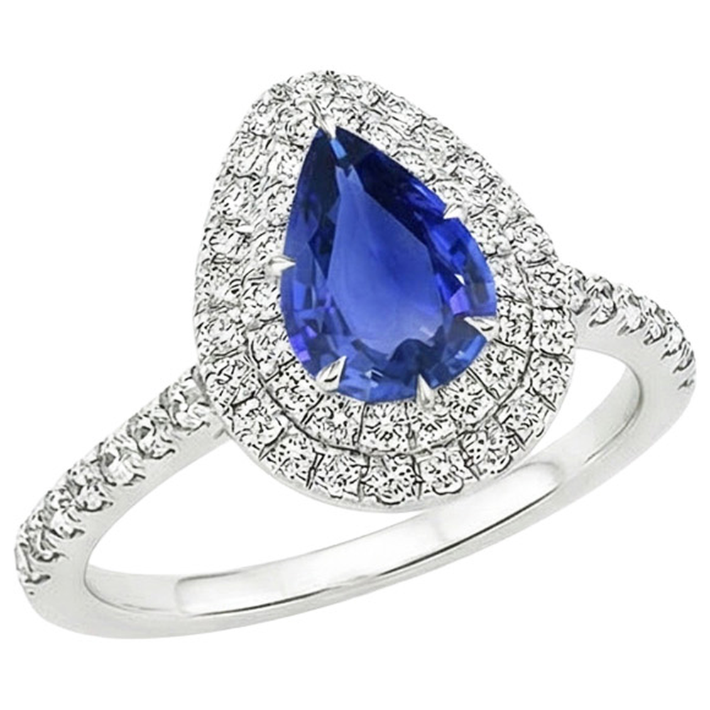 Doppelter Halo Ring Birnenschliff Ceylon Saphir & Aus der Erde Abgebauter Natürlicher Diamanten 4,50 Karat