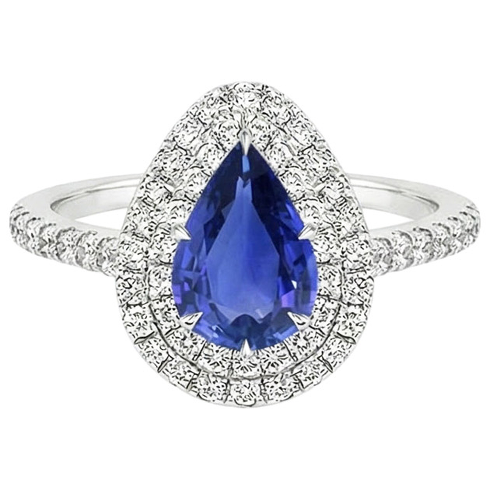 Doppelter Halo Ring Birnenschliff Ceylon Saphir & Aus der Erde Abgebauter Natürlicher Diamanten 4,50 Karat