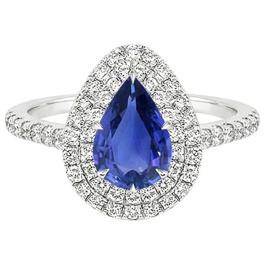 Doppelter Halo Ring Birnenschliff Ceylon Saphir & Aus der Erde Abgebauter Natürlicher Diamanten 4,50 Karat