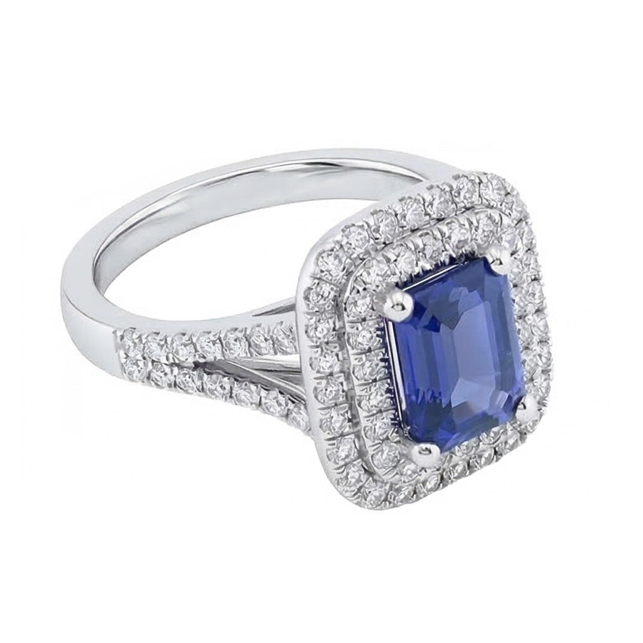 Doppelter Halo-Ring Smaragdförmiger natürlicher blauer Saphir 4 Karat