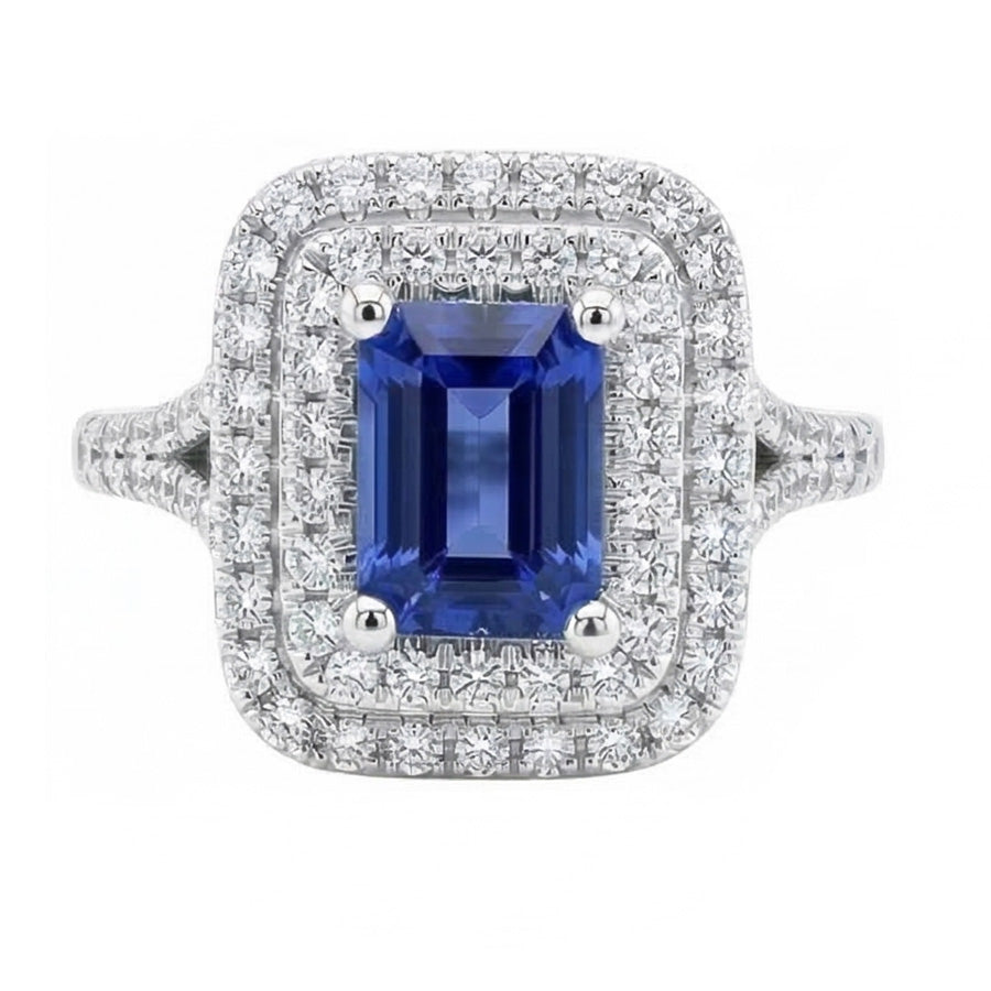 Doppelter Halo-Ring Smaragdförmiger natürlicher blauer Saphir 4 Karat