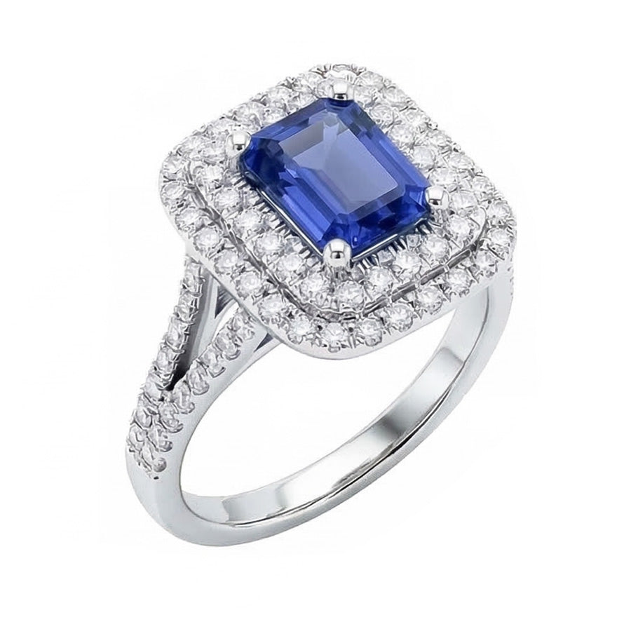 Doppelter Halo-Ring Smaragdförmiger natürlicher blauer Saphir 4 Karat