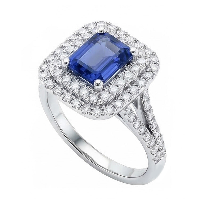 Doppelter Halo-Ring Smaragdförmiger natürlicher blauer Saphir 4 Karat