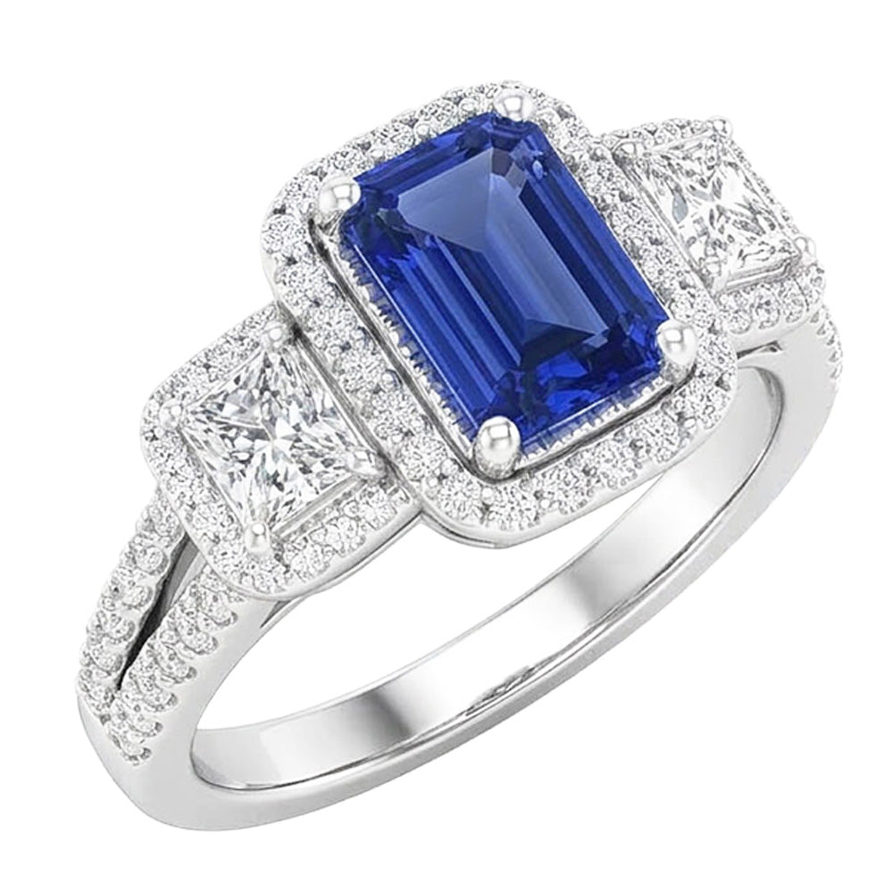 Doppelter Halo Smaragdschliff Ring Ceylon Saphir 4,50 Karat geteilter Schaft
