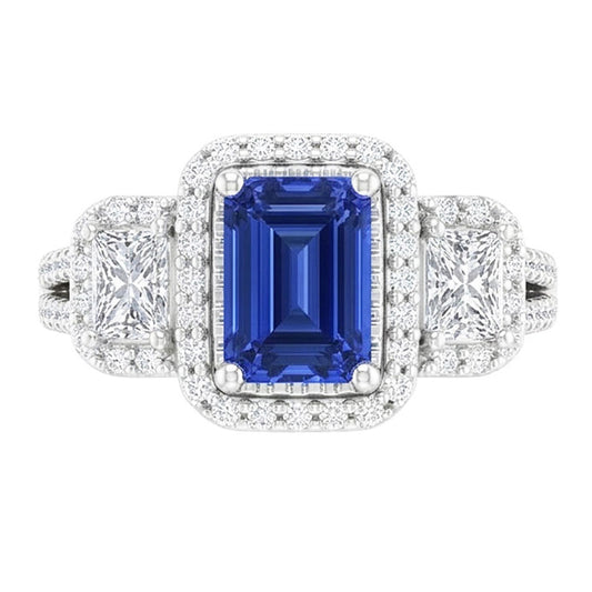 Doppelter Halo Smaragdschliff Ring Ceylon Saphir 4,50 Karat geteilter Schaft