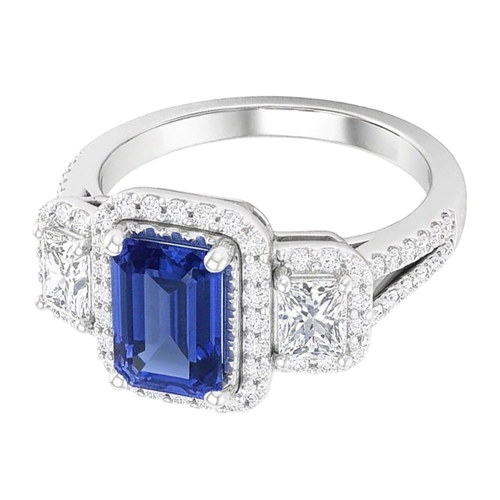 Doppelter Halo Smaragdschliff Ring Ceylon Saphir 4,50 Karat geteilter Schaft