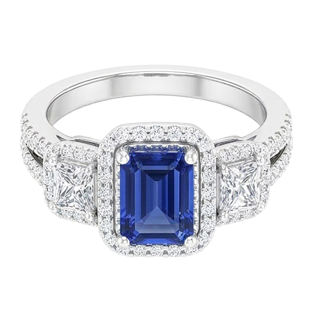 Doppelter Halo Smaragdschliff Ring Ceylon Saphir 4,50 Karat geteilter Schaft