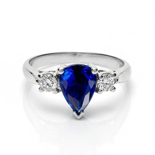 Drei-Stein-Birnen-Blauer Saphir und Aus der Erde Abgebauter Natürlicher Diamant-Verlobungsring 4.20 ct.