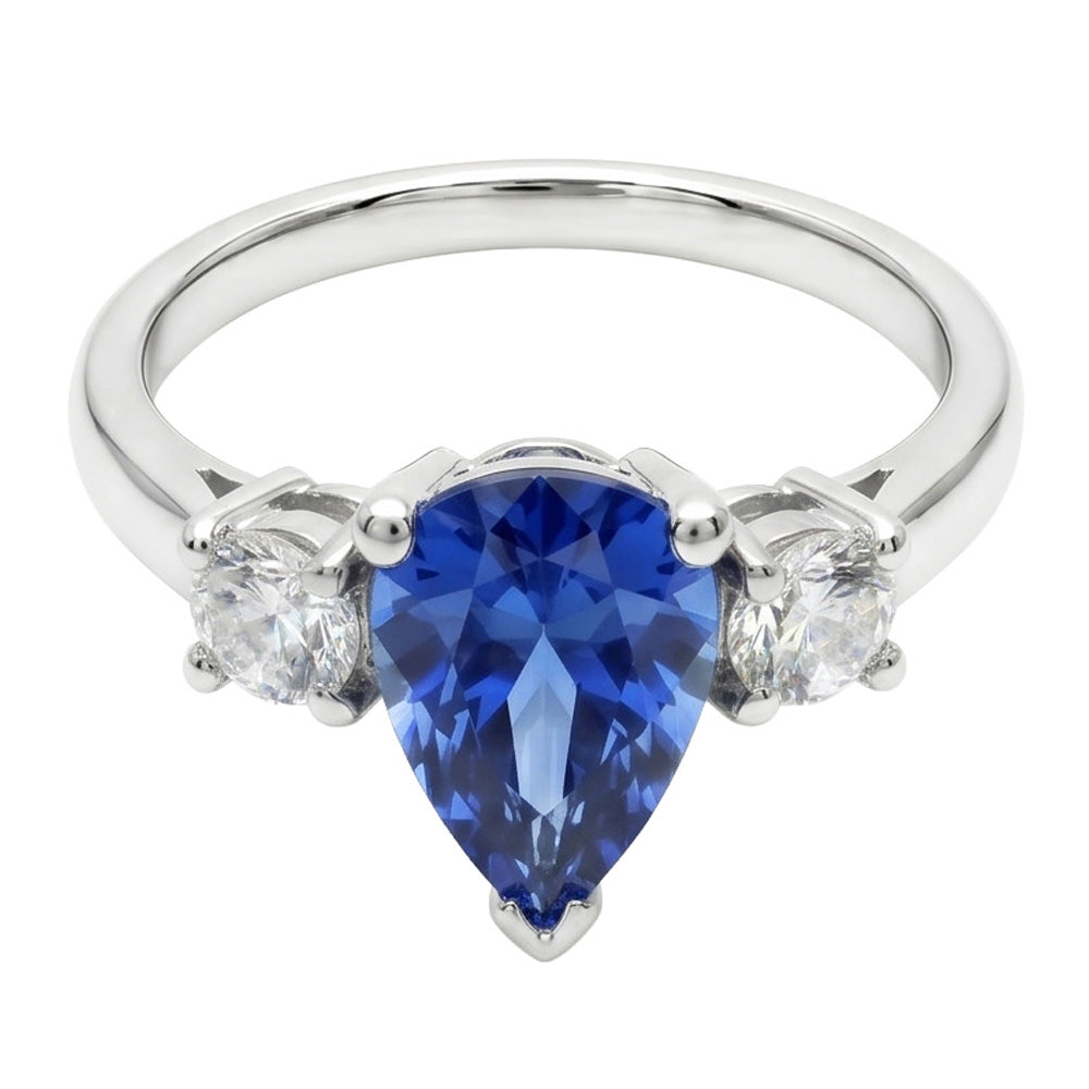 Drei-Stein-Birnen-Blauer Saphir und Aus der Erde Abgebauter Natürlicher Diamant-Verlobungsring 4.20 ct.
