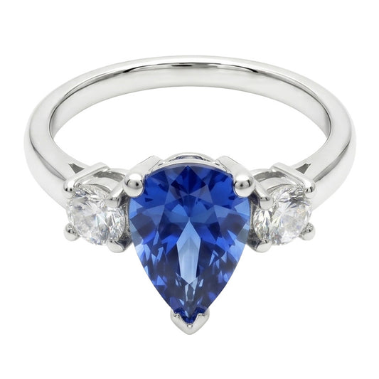 Drei-Stein-Birnen-Blauer Saphir und Aus der Erde Abgebauter Natürlicher Diamant-Verlobungsring 4.20 ct.