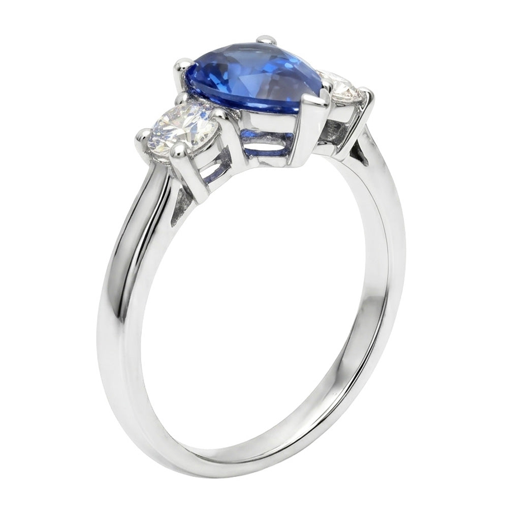 Drei-Stein-Birnen-Blauer Saphir und Aus der Erde Abgebauter Natürlicher Diamant-Verlobungsring 4.20 ct.