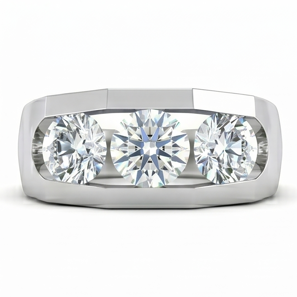 Drei Stein Herren Ring Labor Gezüchtete Rund Diamanten 14K Gold