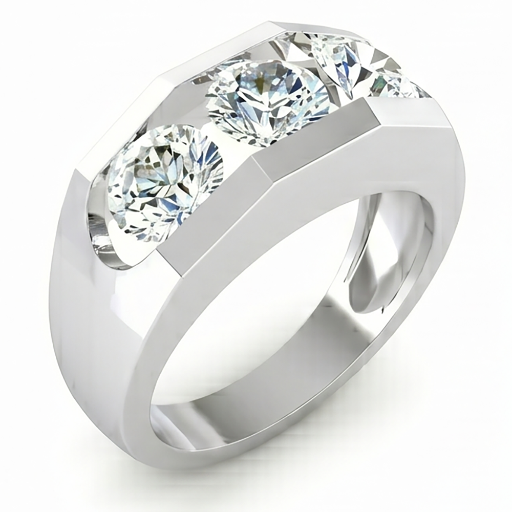 Drei Stein Herren Ring Labor Gezüchtete Rund Diamanten 14K Gold
