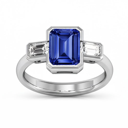 Drei-Stein-Smaragd-Aus der Erde Abgebauter Natürlicher Diamant-Saphir-Ring, halbe Lünette, 1,75 Karat