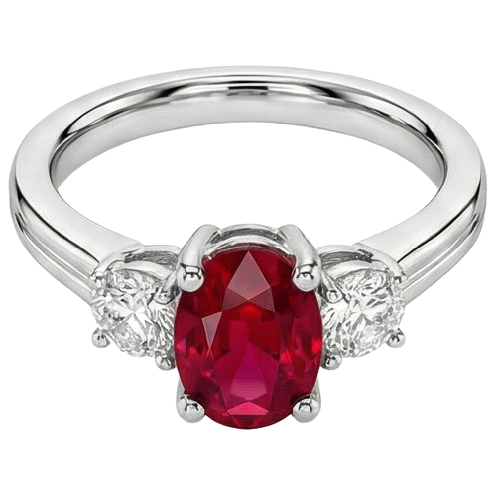 Drei Steine 3.50 Karat Rubin und Aus der Erde Abgebauter Natürlicher Diamanten Ehering WG 14K