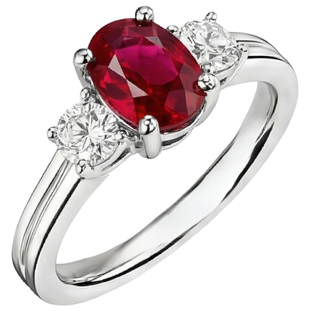 Drei Steine 3.50 Karat Rubin und Aus der Erde Abgebauter Natürlicher Diamanten Ehering WG 14K
