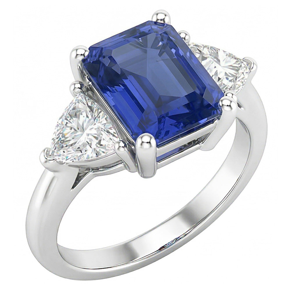 Drei-Steine-Billionen-Natürlicher Diamant ( nicht im Labor gezüchtet )-Ring Natürlicher blauer Saphir 2 Karat Zinken