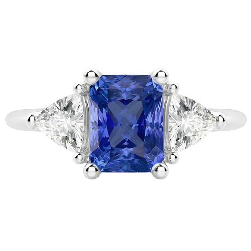 Drei-Steine-Billionen-Natürlicher Diamant ( nicht im Labor gezüchtet )-Ring Natürlicher blauer Saphir 2 Karat Zinken