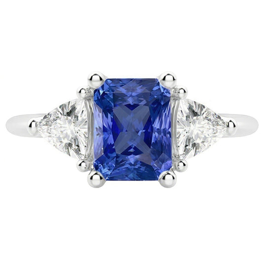 Drei-Steine-Billionen-Natürlicher Diamant ( nicht im Labor gezüchtet )-Ring Natürlicher blauer Saphir 2 Karat Zinken