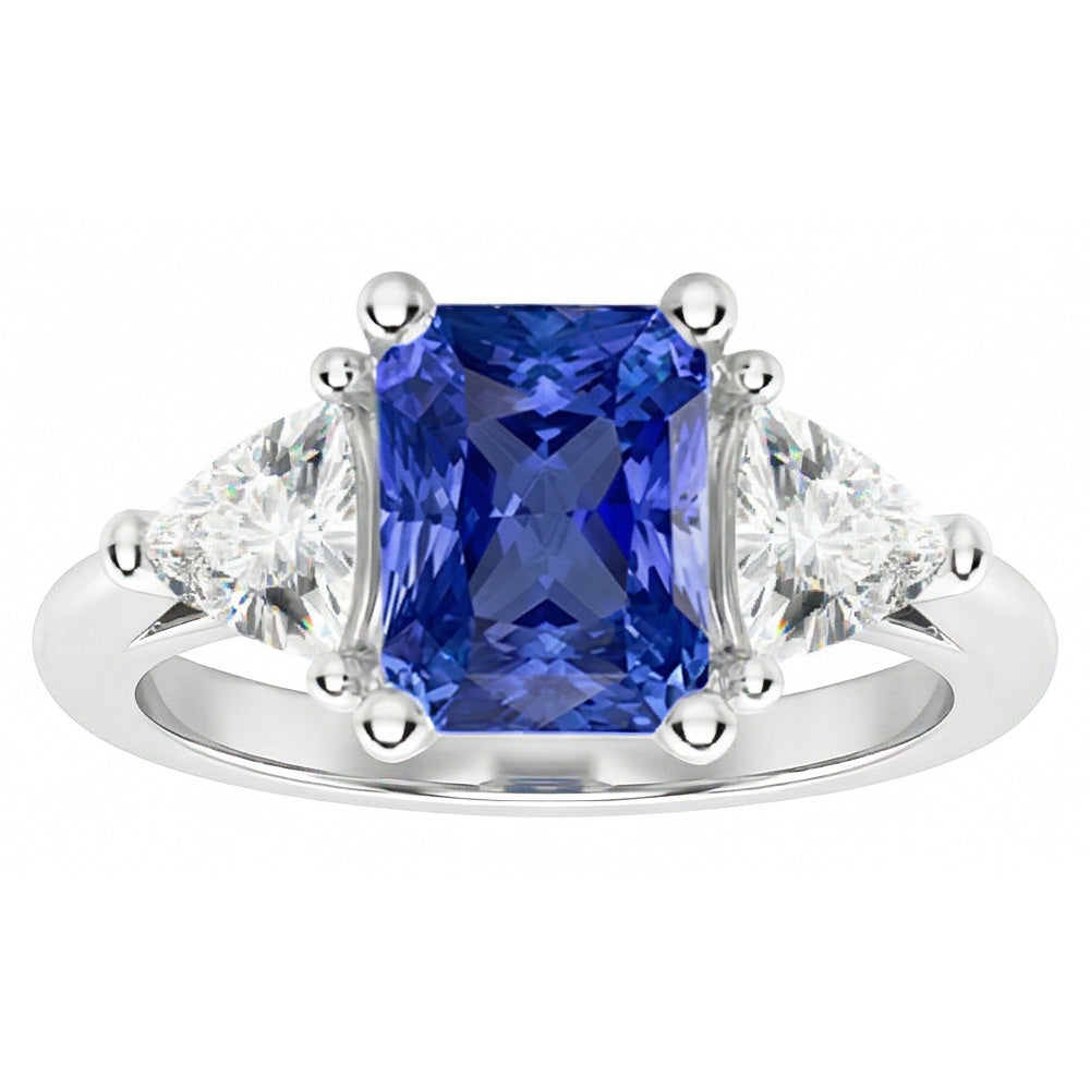 Drei-Steine-Billionen-Natürlicher Diamant ( nicht im Labor gezüchtet )-Ring Natürlicher blauer Saphir 2 Karat Zinken