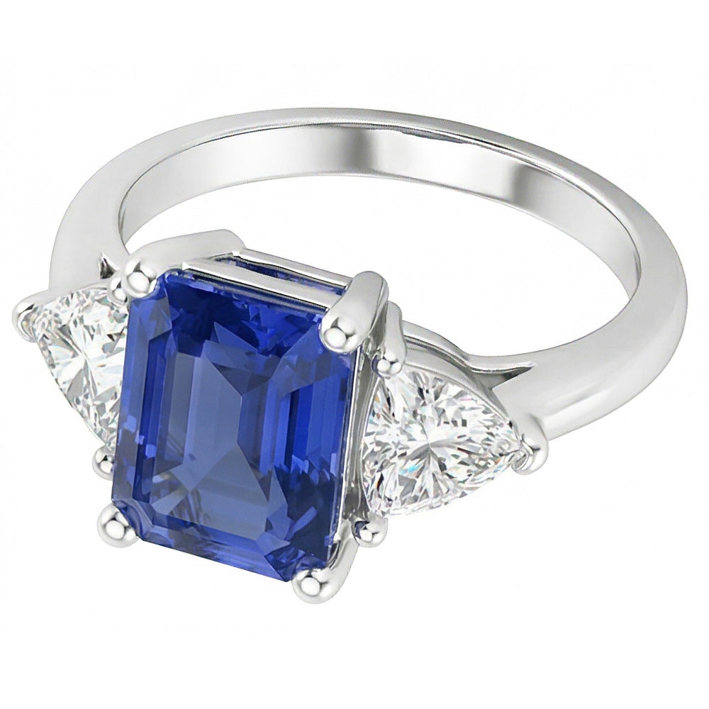 Drei-Steine-Billionen-Natürlicher Diamant ( nicht im Labor gezüchtet )-Ring Natürlicher blauer Saphir 2 Karat Zinken