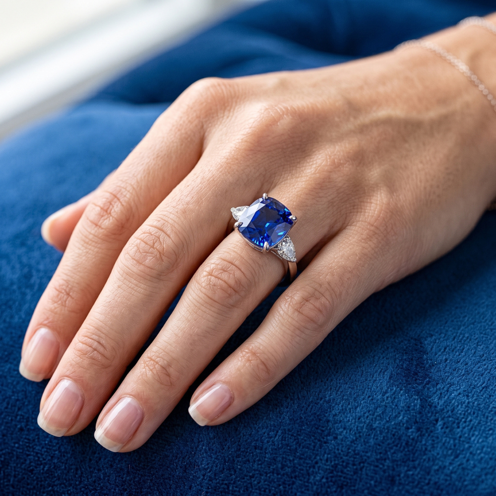 Drei Steine Birne Natürlicher Diamant ( nicht im Labor gezüchtet ) & Kissen Blauer Saphir Ring 3.50 Karat
