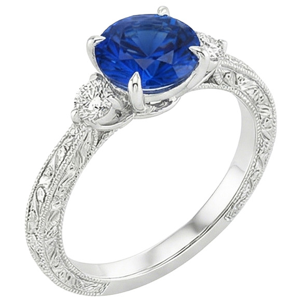 Drei-Steine-Goldring Rund Ceylon Saphir & Aus der Erde Abgebauter Natürlicher Diamant 2,50 Karat Neu
