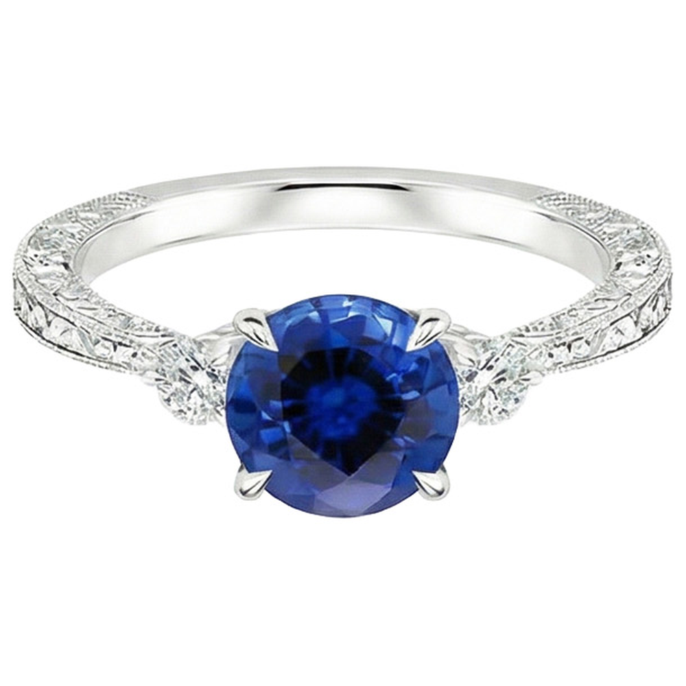 Drei-Steine-Goldring Rund Ceylon Saphir & Aus der Erde Abgebauter Natürlicher Diamant 2,50 Karat Neu