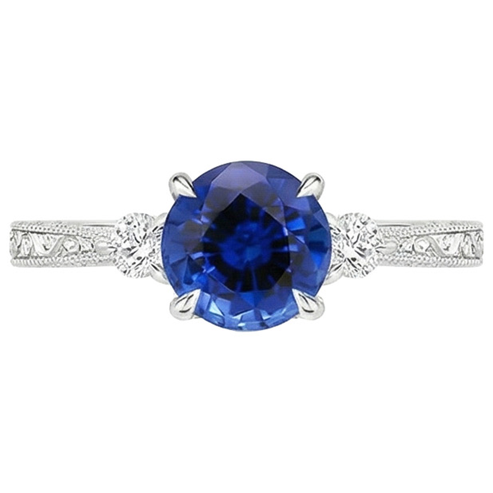 Drei-Steine-Goldring Rund Ceylon Saphir & Aus der Erde Abgebauter Natürlicher Diamant 2,50 Karat Neu